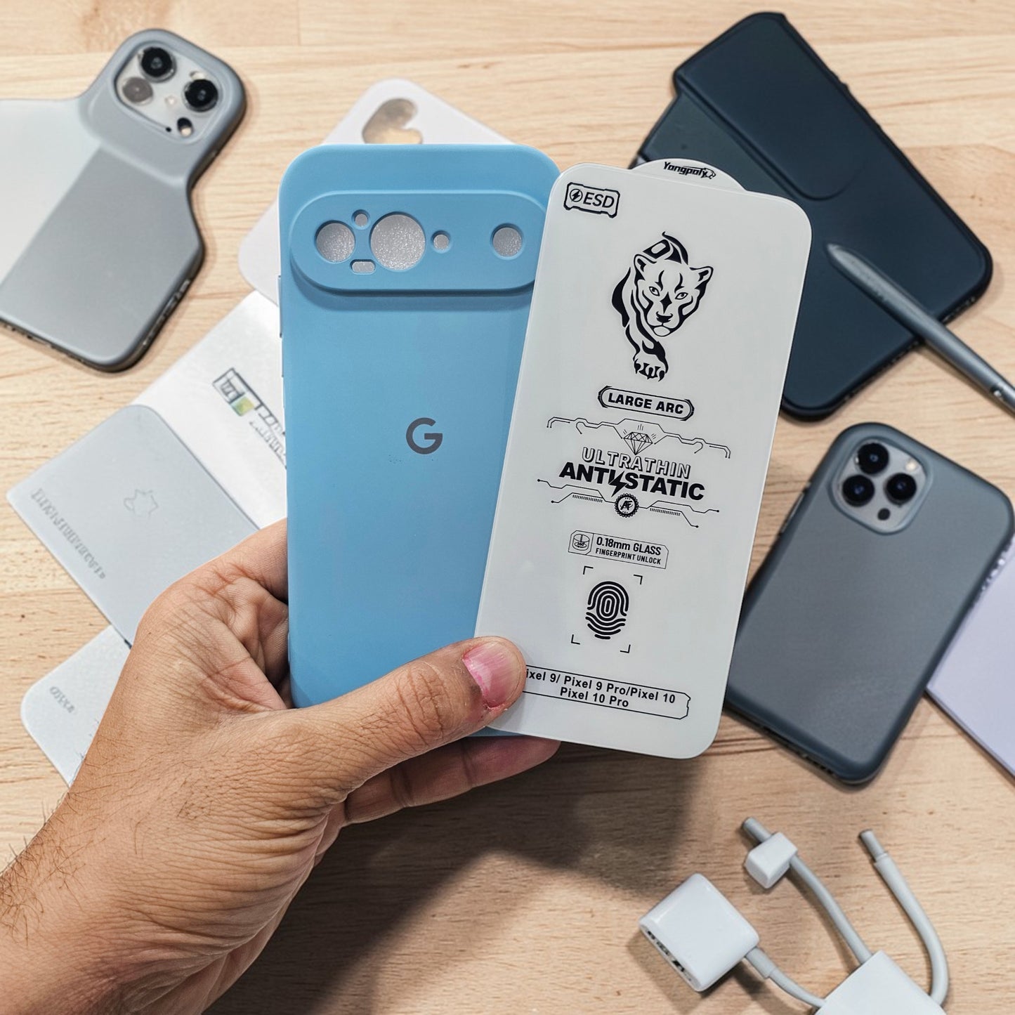 (combo pack)Google Pixel 9 Soft Silicone Case + Fingerprint Tempered Glass - Sky Blue