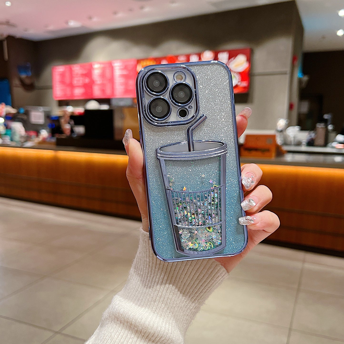 Apple iPhone 13 Luxury Colurfull Cup Glitter Back Case Cover - Blue