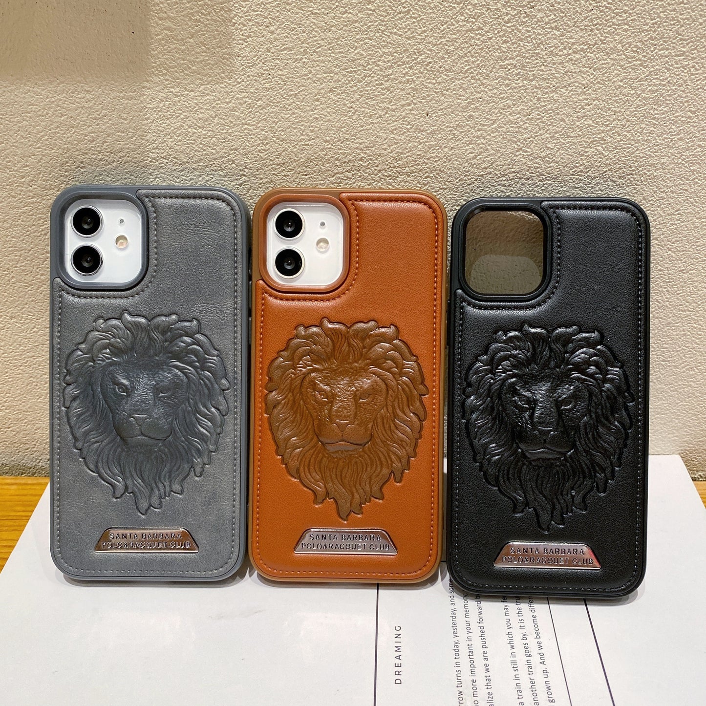 Apple iPhone 12/12 Pro Branded Premium Lion Face Leather Back Case - Grey