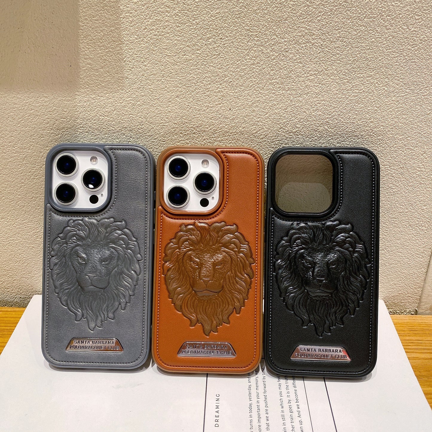 Apple iPhone Pro series Branded Premium Lion Face Leather Back Case - Grey