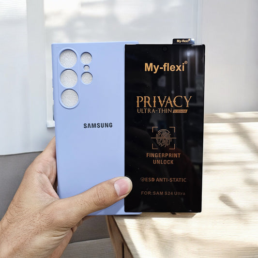(combo pack)Samsung S24 Ultra Soft Silicone Case + Privacy Tempered Glass - Blue2