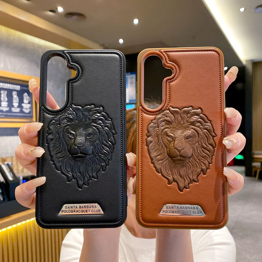 Samsung S24 5G Branded Premium Lion Face Leather Back Case - Black