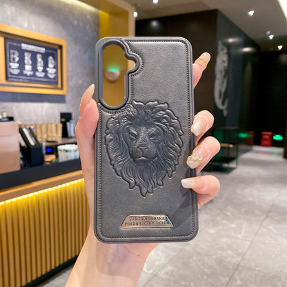 Samsung S24 FE 5G Branded Premium Lion Face Leather Back Case - Grey