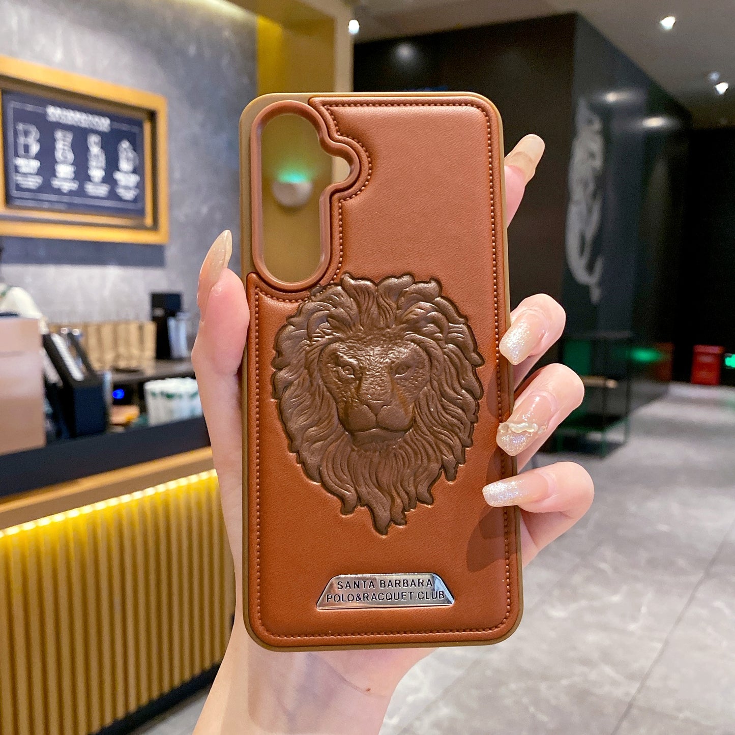 Samsung S23 5G Branded Premium Lion Face Leather Back Case - Brown