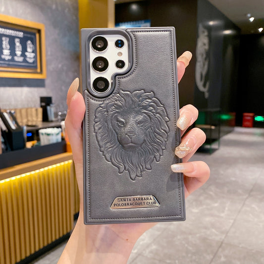 Samsung S24 Ultra 5G Branded Premium Lion Face Leather Back Case - Grey
