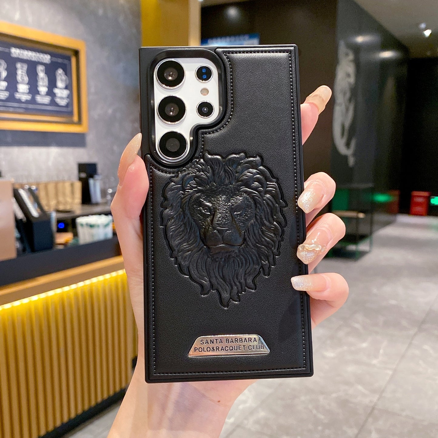 Samsung S23 Ultra 5G Branded Premium Lion Face Leather Back Case - Black